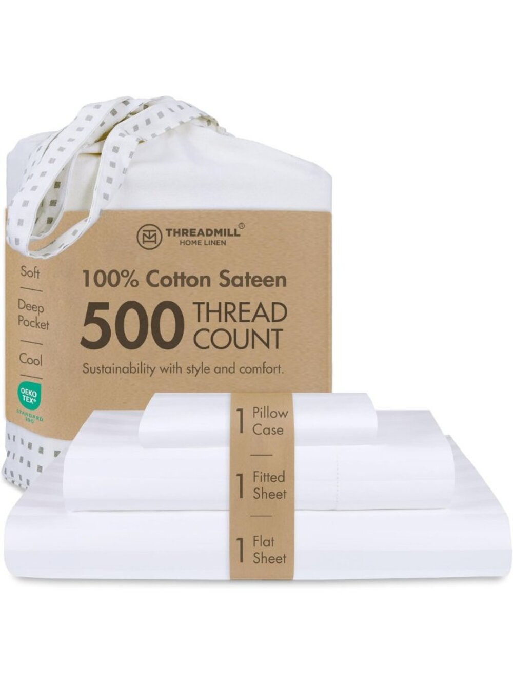 Luxurious 500 Thread Count Cotton Twin XL Sheet Set, White Damask Stripe Design